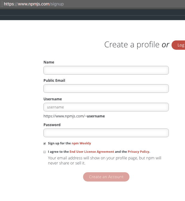 Formulario para crear la cuenta en npmjs.org